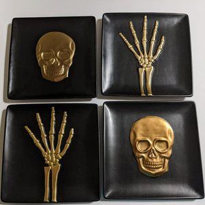 4 Black & Gold Skull and Bones Square Plates 3D World Market 8" x 8" Halloween